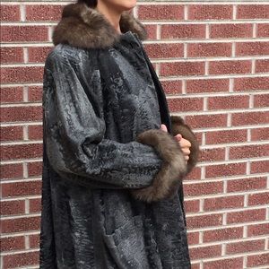 STUNNING, RARE fur coat — broadtail w/ sable trim.